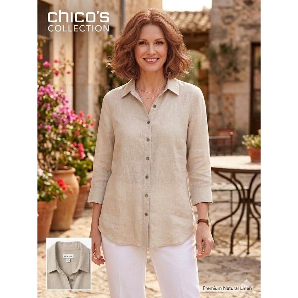 Chico's Size 1 /M 100% Linen Button Shirt Natural Fibers Neutral Tan Breathable